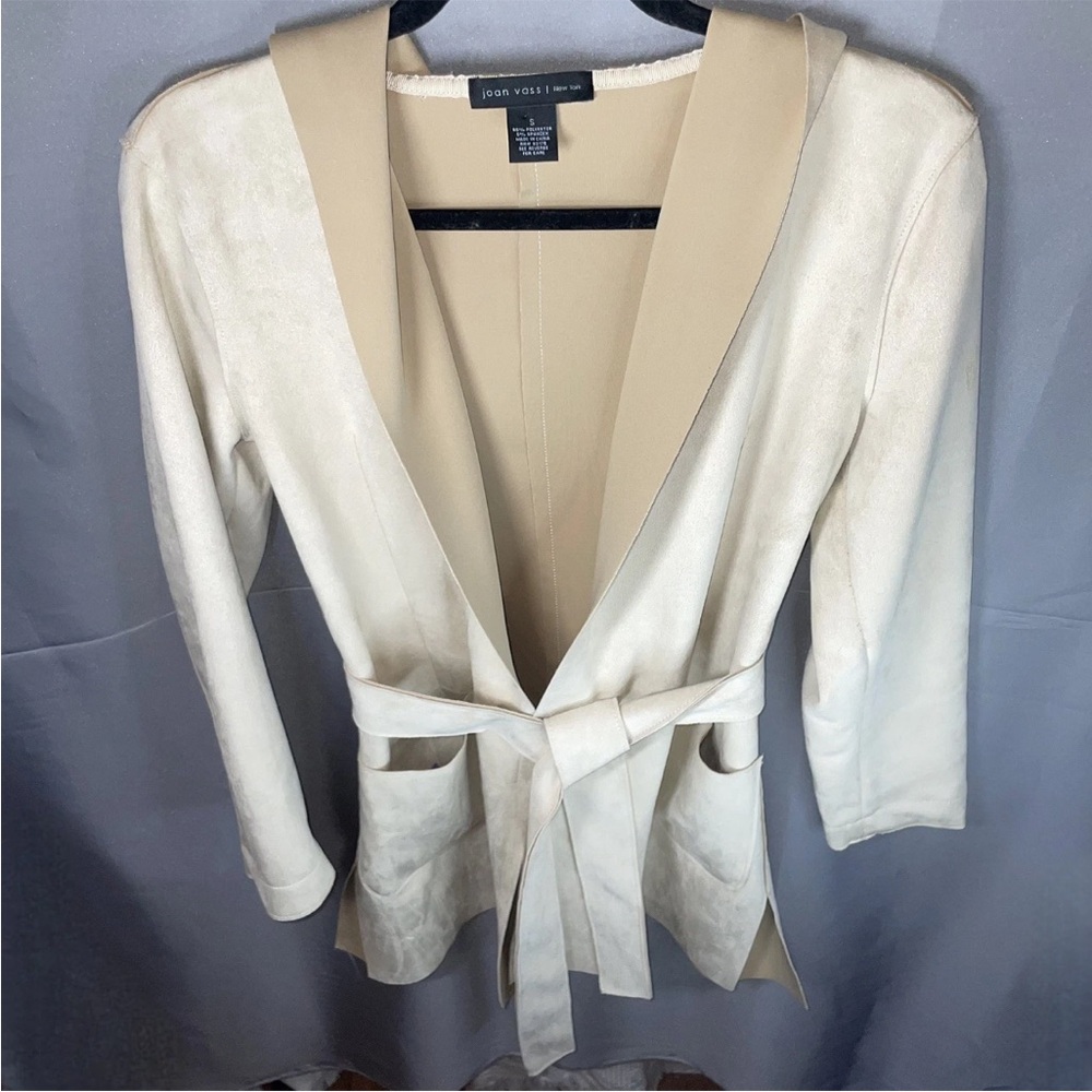 Joan Vass Women's Small Beige Faux Suede Trench Coat Belted Hooded Jacket